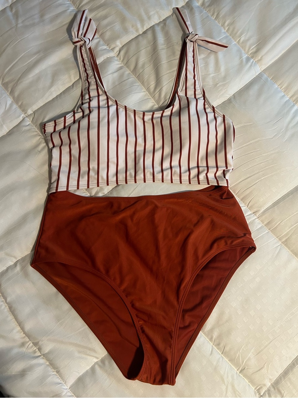 Rust Colored, Tie-Shoulder, White Striped, Cutout One Piece Swimsuit